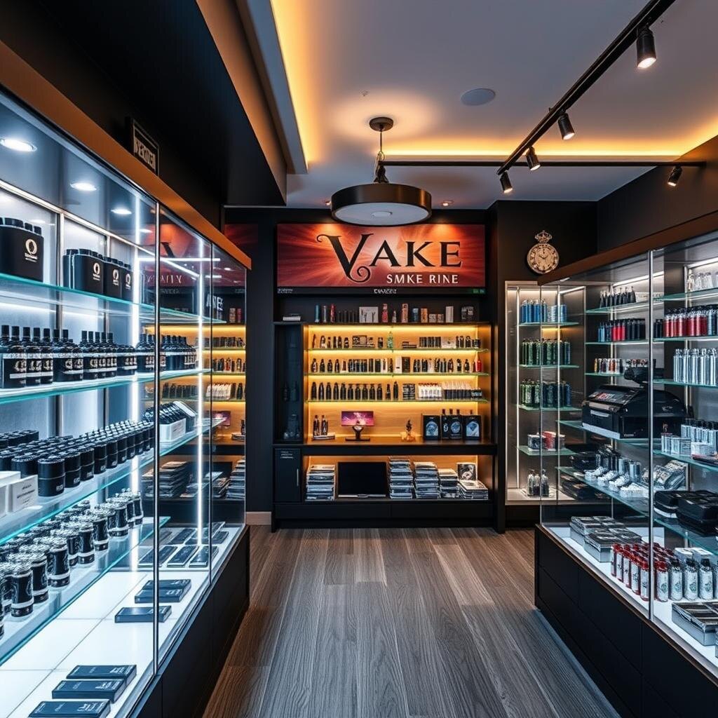 Interior of a modern smoke shop and vape store with display cases