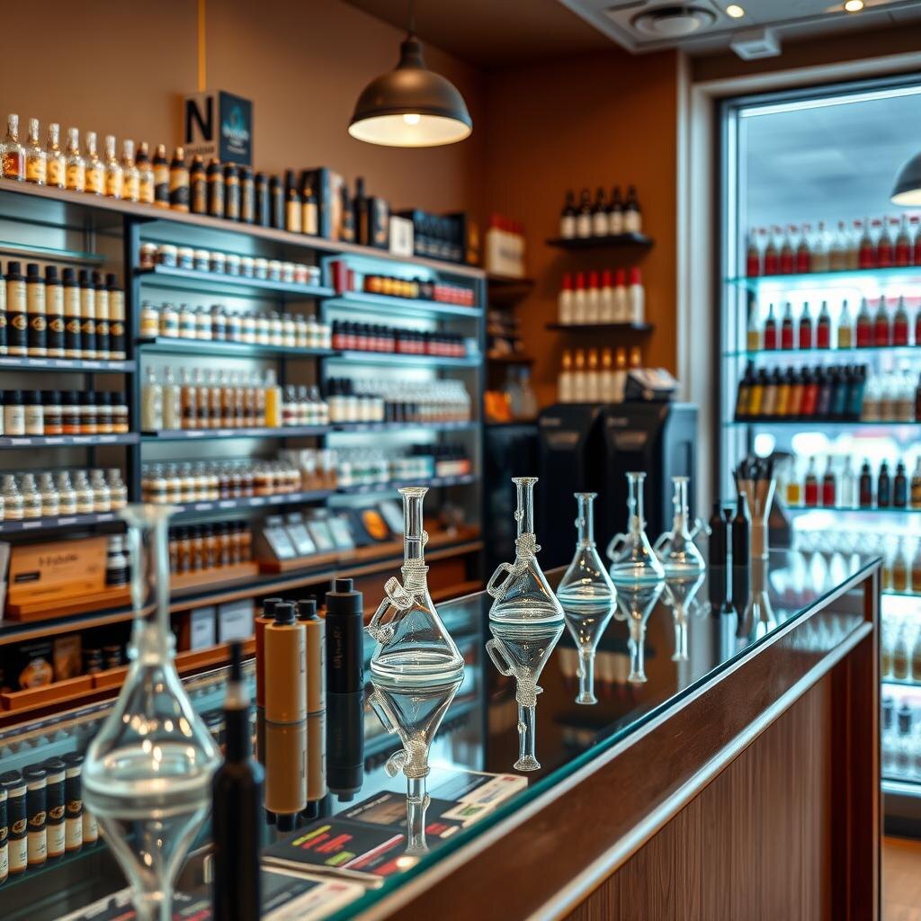 Smoke shop interior with glass display cases and vape products